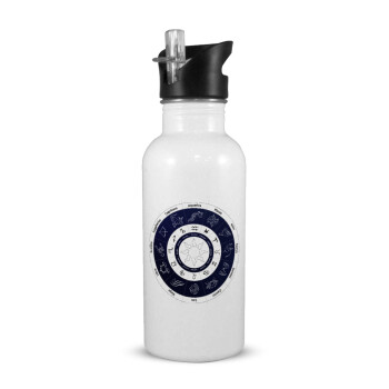 Ζωδιακός κύκλος, White water bottle with straw, stainless steel 600ml