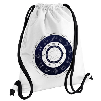 Ζωδιακός κύκλος, Τσάντα πλάτης πουγκί GYMBAG λευκή, με τσέπη (40x48cm) & χονδρά κορδόνια