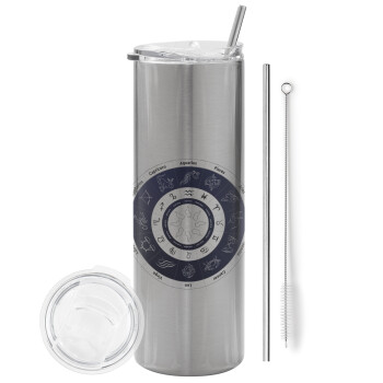 Ζωδιακός κύκλος, Eco friendly ποτήρι θερμό Ασημένιο (tumbler) από ανοξείδωτο ατσάλι 600ml, με μεταλλικό καλαμάκι & βούρτσα καθαρισμού