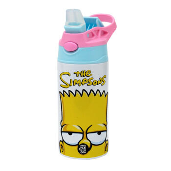 The Simpsons Bart, Children's hot water bottle, stainless steel, with safety straw, Pink/BlueCiel (360ml) BPA FREE