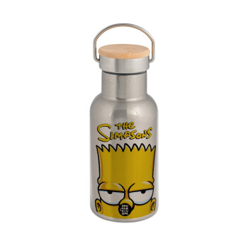 The Simpsons Bart, Stainless steel metallic thermos flask, silver with a bamboo lid, double-walled, 350ml.