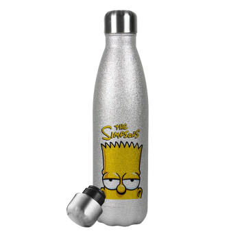 The Simpsons Bart, Μεταλλικό παγούρι θερμός Glitter Aσημένιο (Stainless steel), διπλού τοιχώματος, 500ml