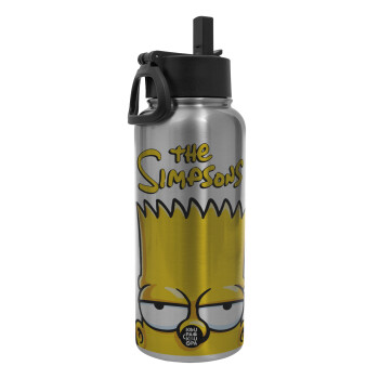 The Simpsons Bart, Metal mug thermo Silver with Straw and Spout Lid (Stainless steel), double wall, 950ml