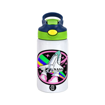NASA pink, Children's hot water bottle, stainless steel, with safety straw, green, blue (350ml)