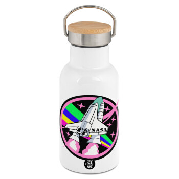 NASA pink, Μεταλλικό παγούρι θερμός (Stainless steel) Λευκό με ξύλινο καπακι (bamboo), διπλού τοιχώματος, 350ml