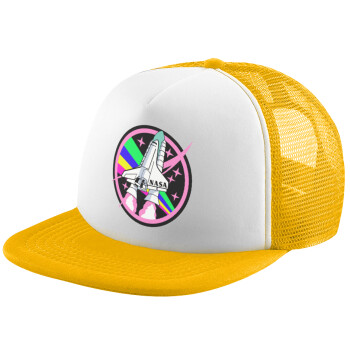 NASA pink, Adult Soft Trucker Hat with Yellow/White Mesh (POLYESTER, ADULT, UNISEX, ONE SIZE)