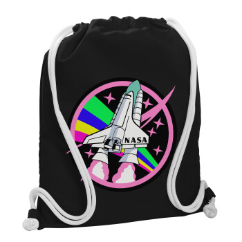 NASA pink, Τσάντα πλάτης πουγκί GYMBAG Μαύρη, με τσέπη (40x48cm) & χονδρά λευκά κορδόνια