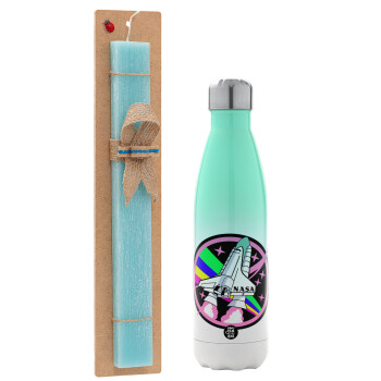 NASA pink, Easter Set, Metallic green/white thermos (Stainless steel), double-walled, 500ml & scented flat Easter candle (30cm) (TURQUOISE)