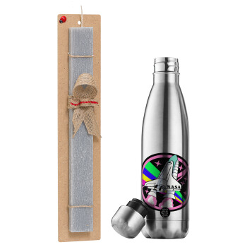 NASA pink, Easter Set, metallic stainless thermos flask (500ml) & scented flat Easter candle (30cm) (GRAY)