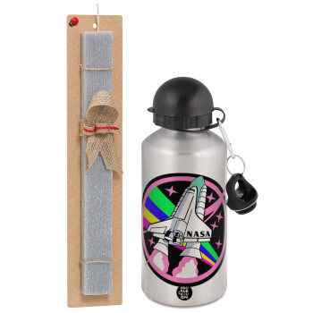 NASA pink, Easter Set, metallic silver aluminum water bottle (500ml) & aromatic flat Easter candle (30cm) (GRAY)