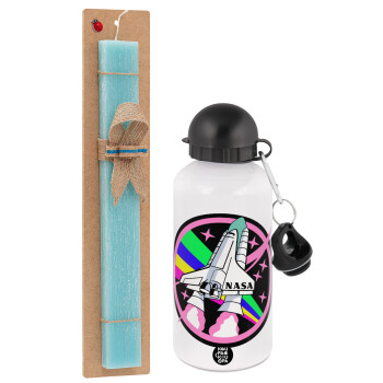 NASA pink, Easter Set, metallic aluminum water bottle (500ml) & scented flat candle (30cm) (TURQUOISE)