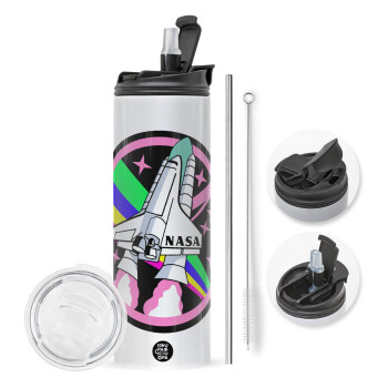 NASA pink, Travel Tumbler θερμό με διπλό καπάκι, μεταλλικό καλαμάκι και βούρτσα καθαρισμού (Ανωξείδωτο 304 Food grade, BPA free, 600ml)