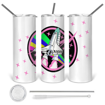 NASA pink, 360 Eco friendly ποτήρι θερμό (tumbler) από ανοξείδωτο ατσάλι 600ml, με μεταλλικό καλαμάκι & βούρτσα καθαρισμού