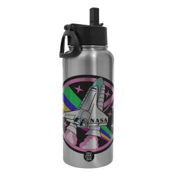 NASA pink, Metal mug thermo Silver with Straw and Spout Lid (Stainless steel), double wall, 950ml