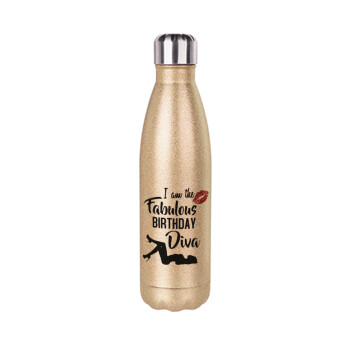 I am the fabulous Birthday Diva, Glitter gold stainless steel thermos bottle, double-walled, 500ml