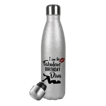 I am the fabulous Birthday Diva, Metallic Glitter Silver Thermos Flask (Stainless steel), double-walled, 500ml