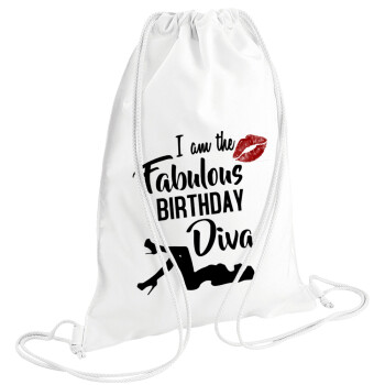 I am the fabulous Birthday Diva, Backpack pouch GYMBAG white (28x40cm)