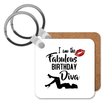 I am the fabulous Birthday Diva, Μπρελόκ Ξύλινο τετράγωνο MDF
