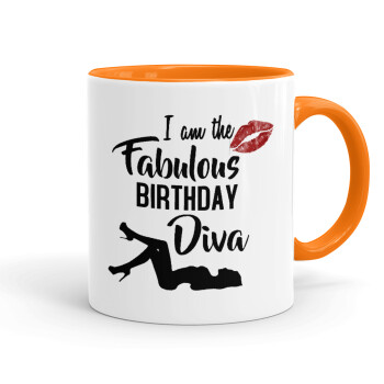 I am the fabulous Birthday Diva, Κούπα χρωματιστή πορτοκαλί, κεραμική, 330ml