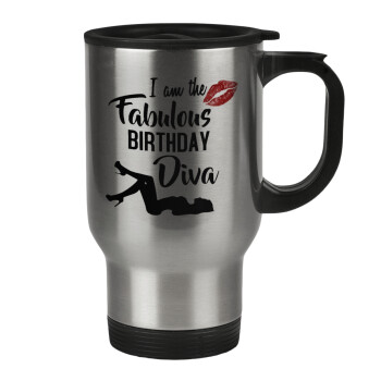 I am the fabulous Birthday Diva, Κούπα ταξιδιού ανοξείδωτη με καπάκι, διπλού τοιχώματος (θερμό) 450ml