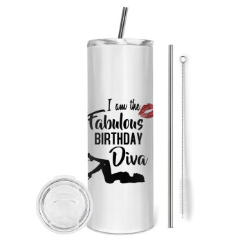 I am the fabulous Birthday Diva, Eco friendly stainless steel tumbler 600ml, with metal straw & cleaning brush