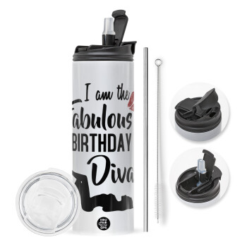 I am the fabulous Birthday Diva, Travel Tumbler θερμό με διπλό καπάκι, μεταλλικό καλαμάκι και βούρτσα καθαρισμού (Ανωξείδωτο 304 Food grade, BPA free, 600ml)