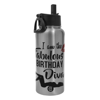 I am the fabulous Birthday Diva, Metal mug thermo Silver with Straw and Spout Lid (Stainless steel), double wall, 950ml