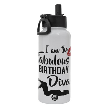 I am the fabulous Birthday Diva, Metal mug thermo White with Straw and Spout Lid (Stainless steel), double wall, 950ml