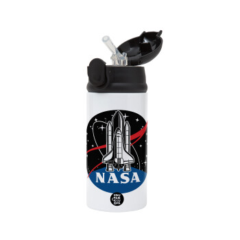 NASA Badge, Children's hot water bottle, stainless steel, with safety straw, Black (360ml) BPA-FREE