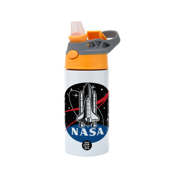 NASA Badge, Children's hot water bottle, stainless steel, with safety straw, Orange/Grey (360ml) BPA-FREE