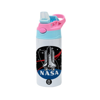 NASA Badge, Children's hot water bottle, stainless steel, with safety straw, Pink/BlueCiel (360ml) BPA FREE