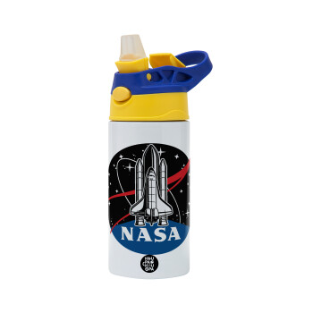 NASA Badge, Children's hot water bottle, stainless steel, with safety straw, green, blue (360ml) BPA FREE