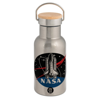 NASA Badge, Stainless steel metallic thermos flask, silver with a bamboo lid, double-walled, 350ml.