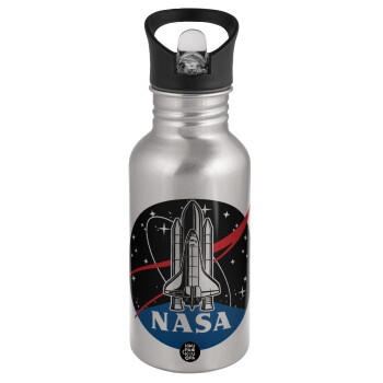 NASA Badge, Water bottle Silver with straw, stainless steel 500ml