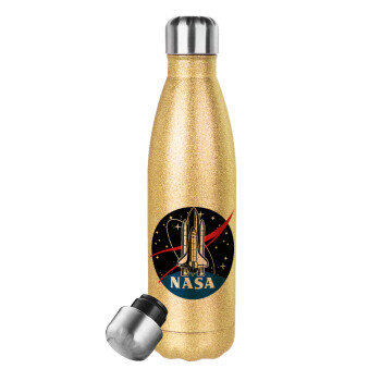 NASA Badge, Glitter gold stainless steel thermos bottle, double-walled, 500ml