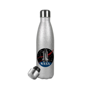 NASA Badge, Μεταλλικό παγούρι θερμός Glitter Aσημένιο (Stainless steel), διπλού τοιχώματος, 500ml