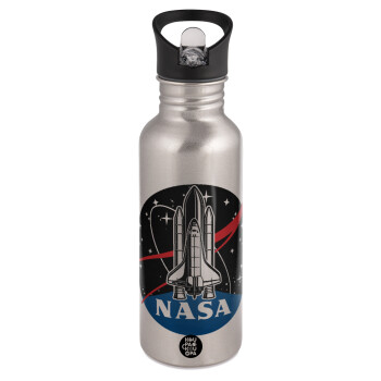 NASA Badge, Παγούρι νερού Ασημένιο με καλαμάκι, ανοξείδωτο ατσάλι 600ml
