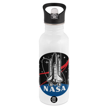 NASA Badge, White water bottle with straw, stainless steel 600ml