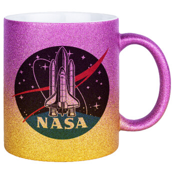 NASA Badge, Κούπα Χρυσή/Ροζ Glitter, κεραμική, 330ml
