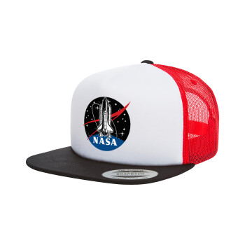 NASA Badge, Adult Foam Flat Snapback with Mesh Black-White-Red (POLYESTER, ADULT, UNISEX, ONE SIZE)