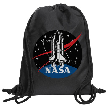 NASA Badge, Τσάντα πλάτης πουγκί GYMBAG Μαύρη, με τσέπη (40x48cm) & χονδρά κορδόνια