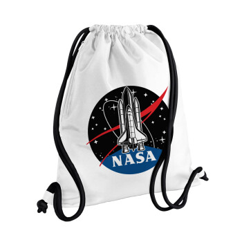 NASA Badge, Backpack pouch GYMBAG white, with pocket (40x48cm) & thick cords