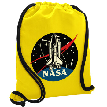 NASA Badge, Τσάντα πλάτης πουγκί GYMBAG Κίτρινη, με τσέπη (40x48cm) & χονδρά κορδόνια