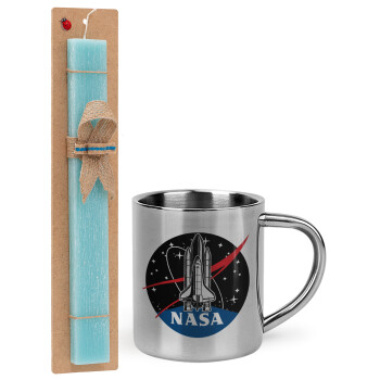 NASA Badge, Easter Set, metallic thermal cup (300ml) & aromatic flat Easter candle (30cm) (TURQUOISE)