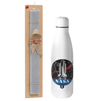 NASA Badge, Easter Set, metallic Inox water bottle (700ml) & Easter scented flat candle (30cm) (GRAY)