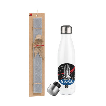 NASA Badge, Easter candle, metallic white thermos bottle (500ml) & aromatic flat candle (30cm) (GRAY)