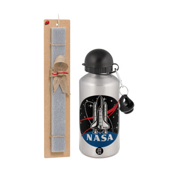 NASA Badge, Easter Set, metallic silver aluminum water bottle (500ml) & aromatic flat Easter candle (30cm) (GRAY)