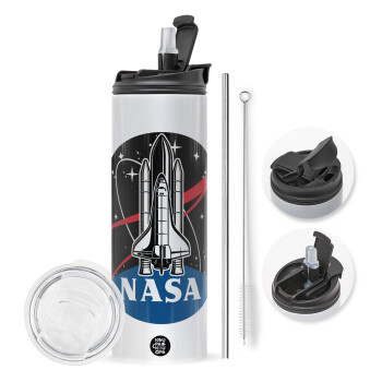 NASA Badge, Travel Tumbler θερμό με διπλό καπάκι, μεταλλικό καλαμάκι και βούρτσα καθαρισμού (Ανωξείδωτο 304 Food grade, BPA free, 600ml)