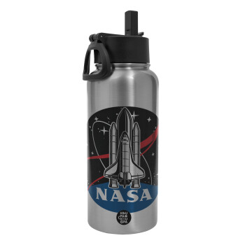 NASA Badge, Μεταλλικό παγούρι θερμός Silver με καλαμάκι και χερούλι (Stainless steel), διπλού τοιχώματος, 950ml