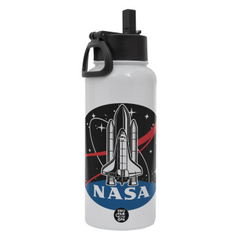 NASA Badge, Μεταλλικό παγούρι θερμός Λευκό με καλαμάκι και χερούλι (Stainless steel), διπλού τοιχώματος, 950ml